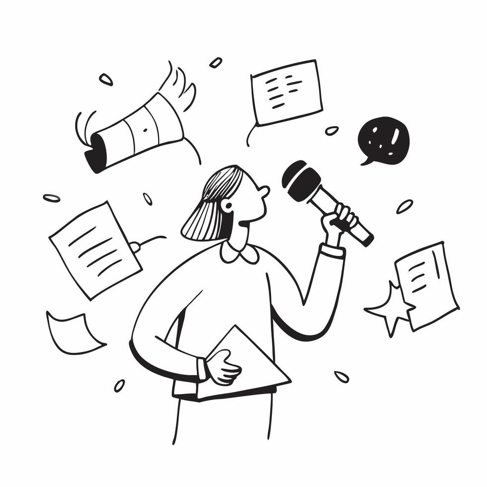 Public Relations with Microphone and Notes concept as A public relations specialist holding a microphone and notes set against a whimsical background offering ample space for text Cleans vector