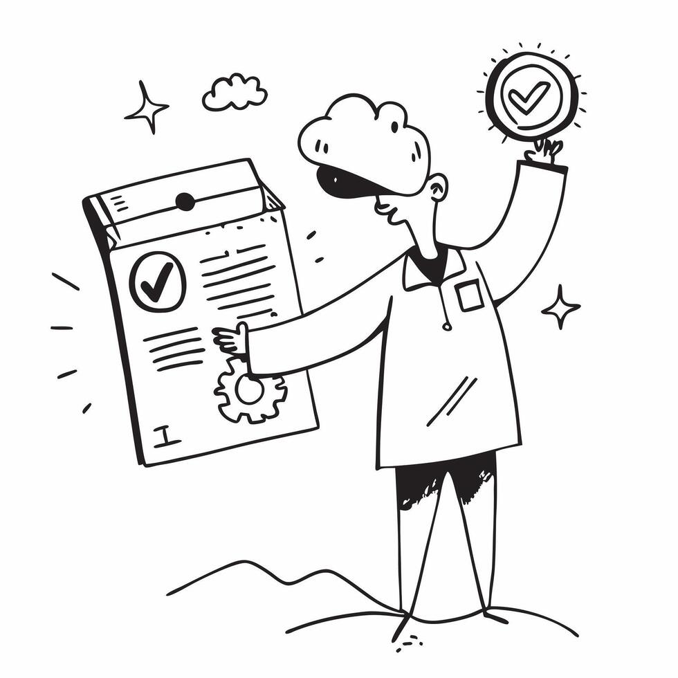 Project Manager with Plan and ISO9001 Certificate concept as An image of a project manager with a plan and ISO9001 certificate set against a whimsical background offering ample spa Cleans vector