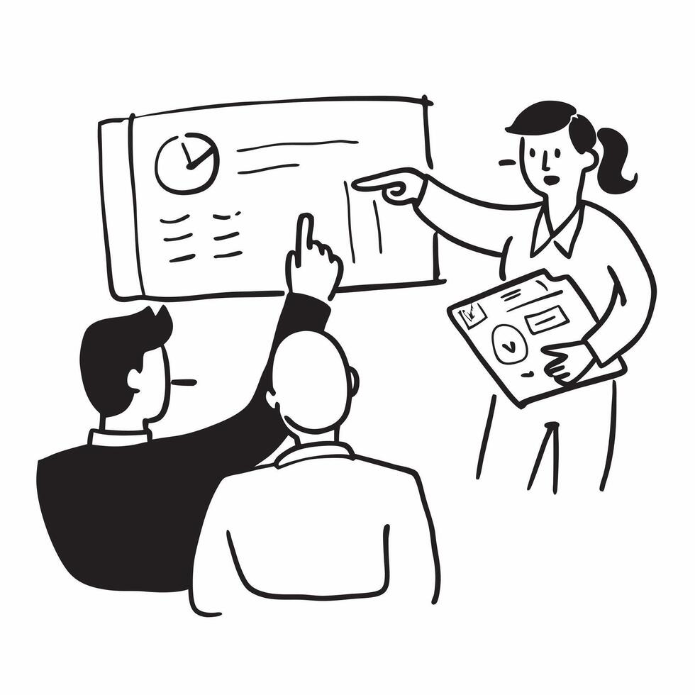 Project manager leading a status update meeting concept as A illustration of a project manager leading a status update meeting utilizing a 3 color palette to highlight clari Cleans vector