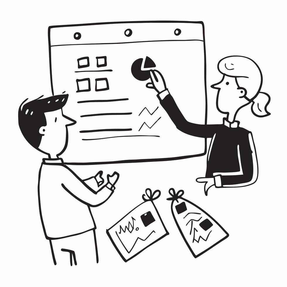 Project manager presenting progress in a team meeting concept as A illustration of a project manager presenting progress in a team meeting featuring a 3 color scheme to emph Cleans vector