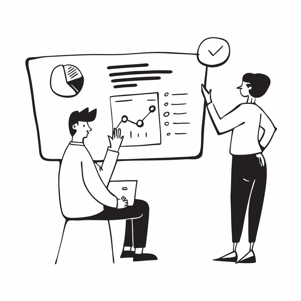 Project manager leading a status update meeting concept as A illustration of a project manager leading a status update meeting utilizing a 3 color palette to highlight clari Cleans Set 2 vector
