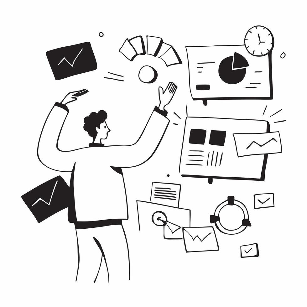 Project manager collaborating on a risk management strategy concept as A illustration of a project manager collaborating on a risk management strategy using charts and digit Cleans Set 2 vector