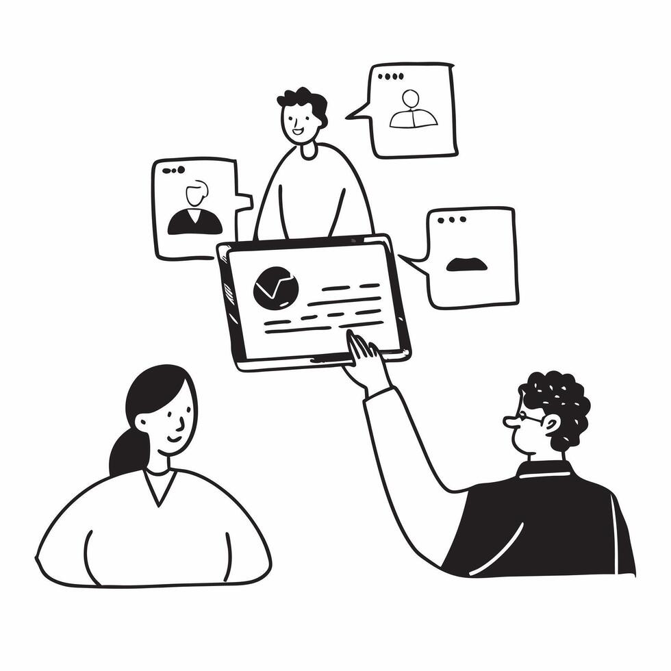 Project manager leading a hybrid meeting concept as A illustration of a project manager leading a hybrid meeting with both onsite and remote participants using a 3 color sch Cleans vector
