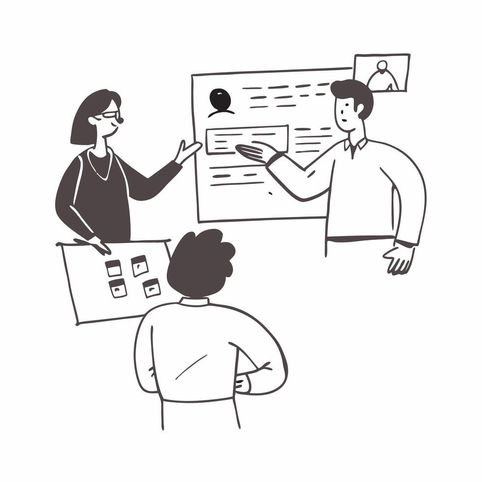 Project manager leading a hybrid meeting concept as A illustration of a project manager leading a hybrid meeting with both onsite and remote participants using a 3 color sch Cleans Set 2 vector