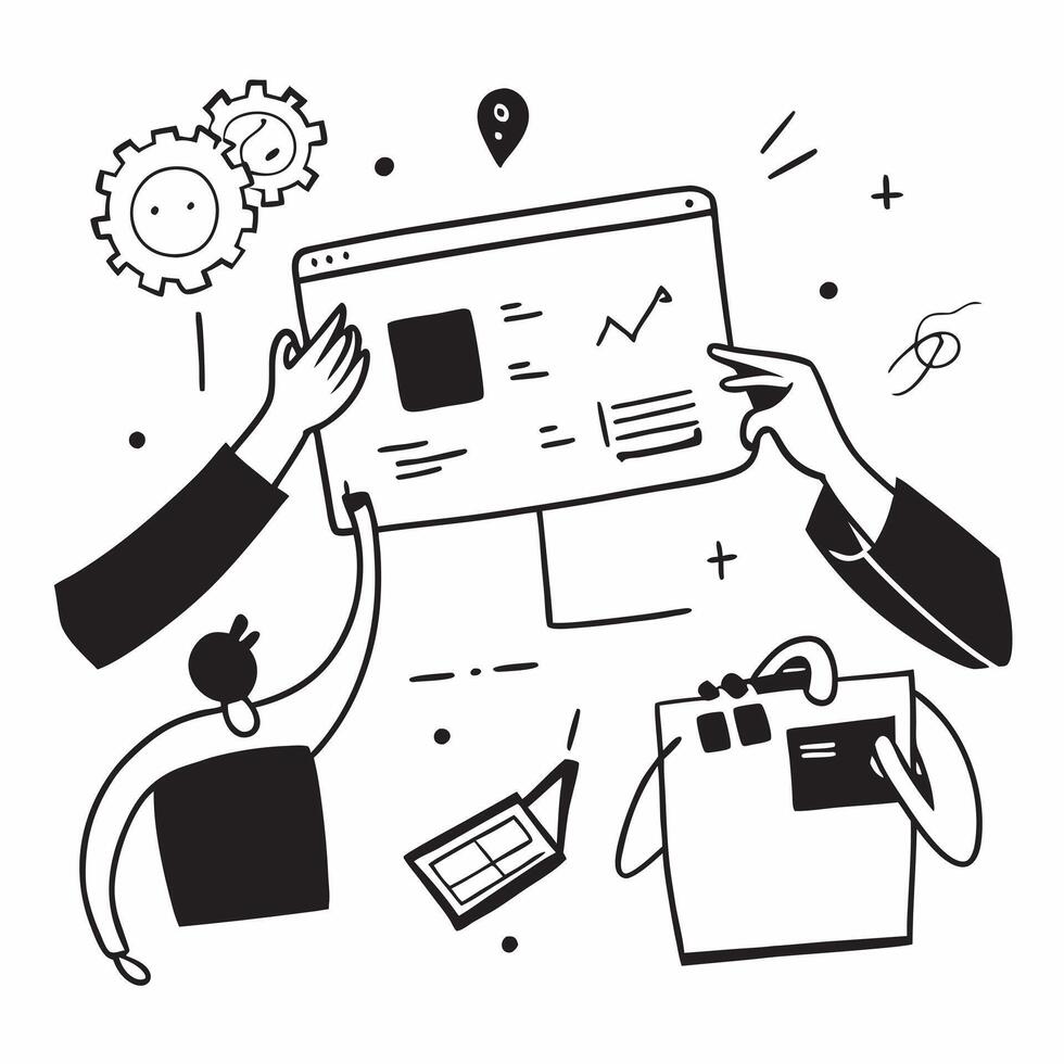 Product team collaborating on new features concept as A illustration of a product team collaborating on new features using laptops and digital tools with an 8 color palette Cleans vector