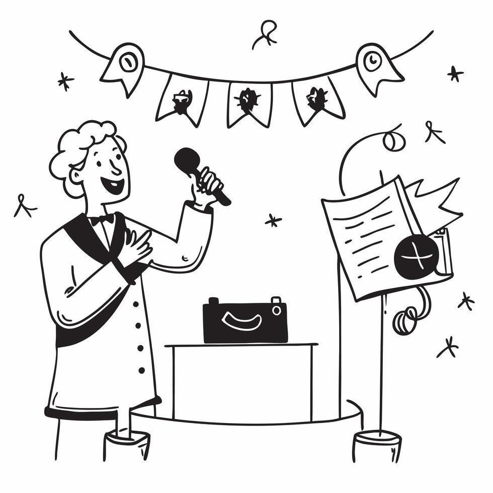 Principal with Microphone and Awards in Fantasy School Assembly concept as Long shot of a principal holding a microphone and presenting awards in a fantasy school assembly The sce Cleans vector