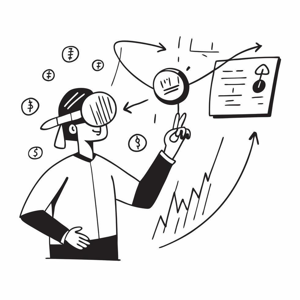 Portfolio manager using VR technology for stock valuation visualization concept as A portfolio manager in a modern office using VR technology to visualize stock valuation data high Cleans vector