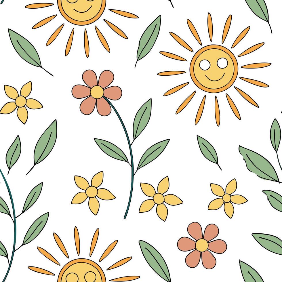 Playful spring sunshine seamless pattern with bright rays and whimsical clouds for fun energetic designs concept as Fun spring sunshine pattern with bright rays and whimsical cloud Cleans Set 3 vector