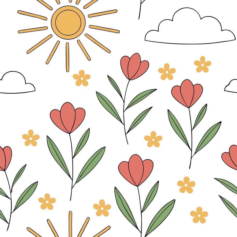 Playful spring sunshine seamless pattern with bright rays and whimsical clouds for fun energetic designs concept as Fun spring sunshine pattern with bright rays and whimsical cloud Cleans Set 2 vector