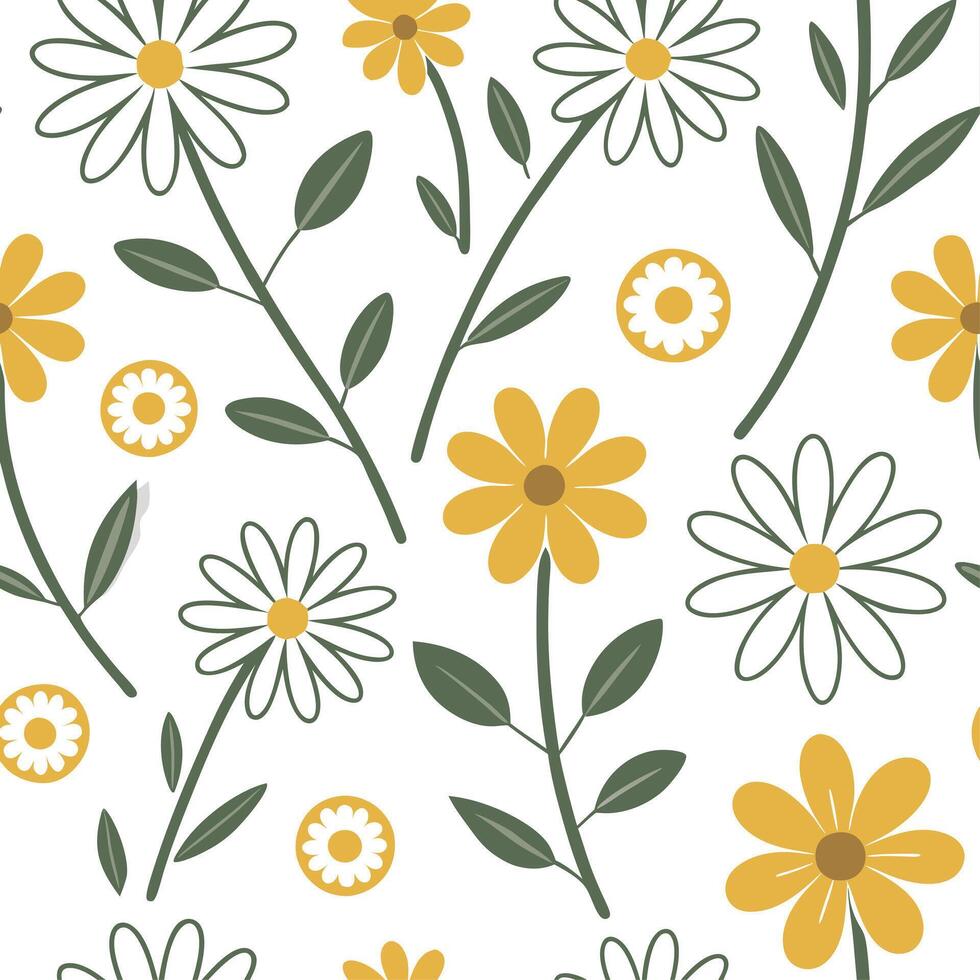 Playful spring flower seamless pattern with daisies and buttercups for cheerful living rooms concept as Daisies and buttercups arranged in a playful seamless tile pattern to create Cleans vector