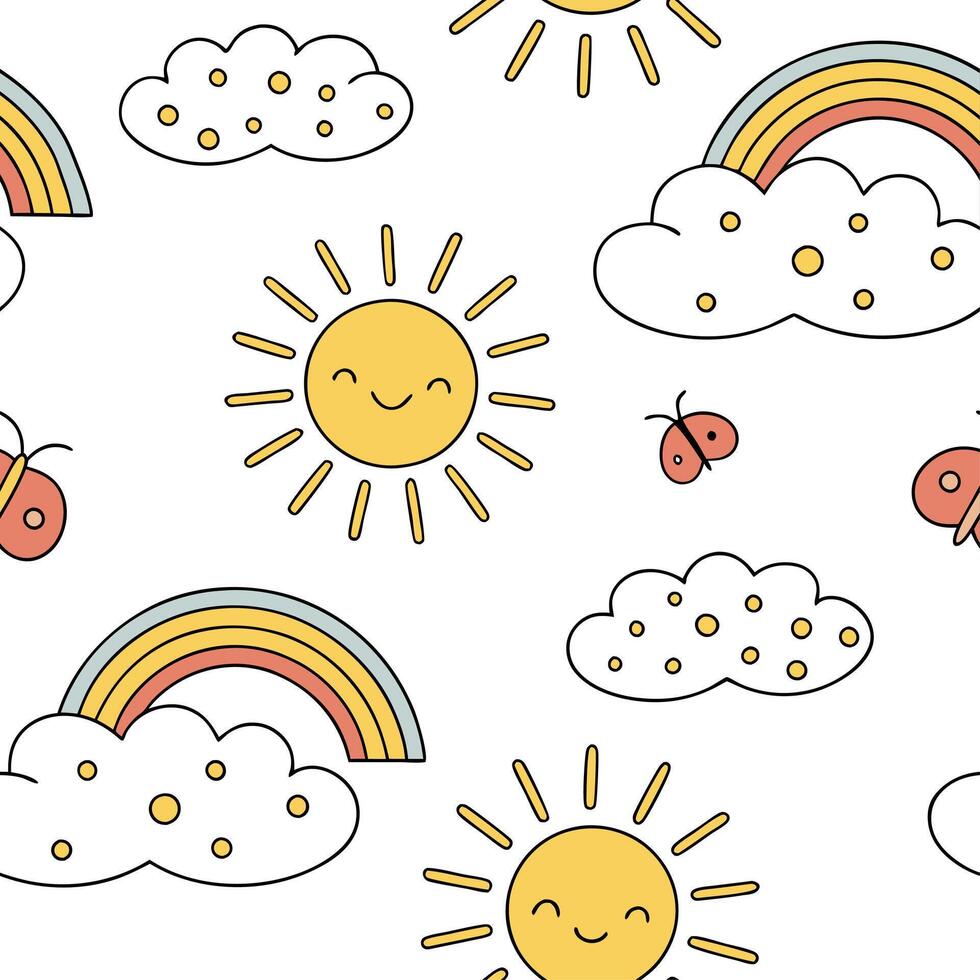 Playful spring sunshine seamless pattern with bright rays and whimsical clouds for fun energetic designs concept as Fun spring sunshine pattern with bright rays and whimsical cloud Cleans vector