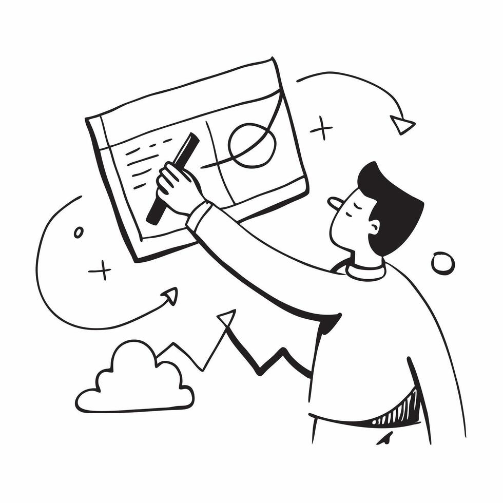 Planner with Map and Strategy Chart concept as A business planner holding a map and a strategy chart set against a whimsical background offering ample space for text or graphics sy Cleans vector