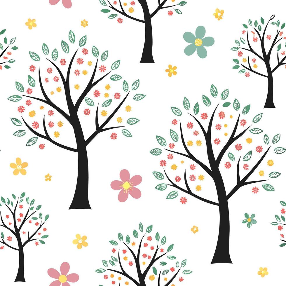 Playful spring nature seamless pattern with whimsical tree shapes and colorful blossoms for cheerful designs concept as Whimsical tree and flower patterns with colorful blossoms pe Cleans Set 2 vector