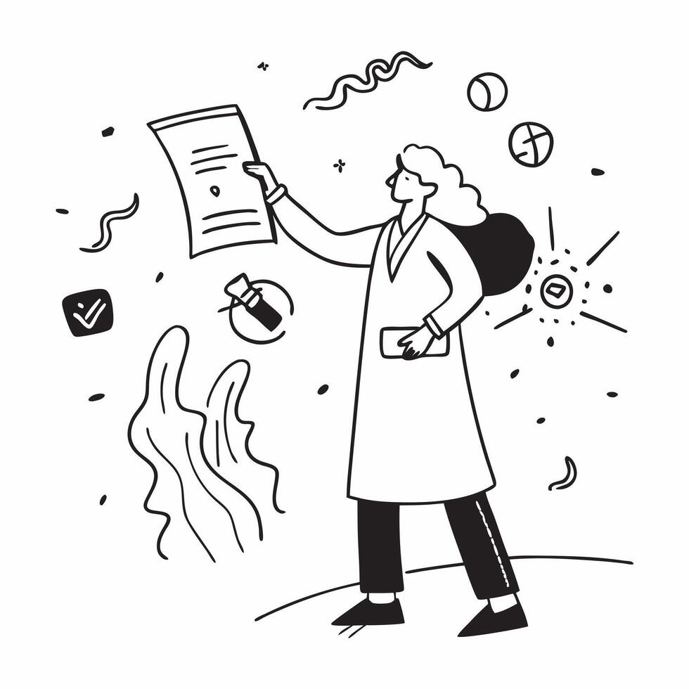 Pharmaceutical Researcher with ISO Certificate and Lab Results concept as A pharmaceutical researcher holding an ISO certificate and lab results set against a whimsical background Cleans vector