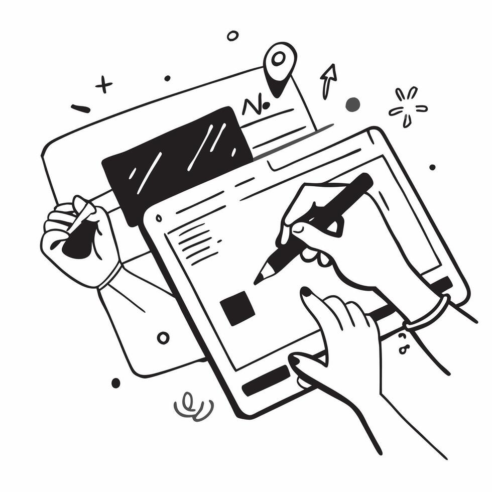 Person working on a tablet with a digital drawing app and stylus with copy space concept as A person working on a tablet with a digital drawing app and stylus symbolizing creative Cleans vector