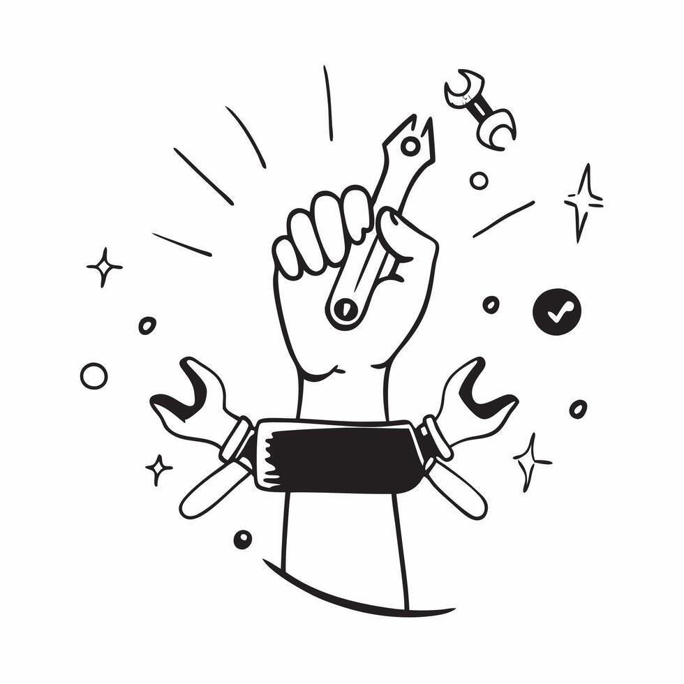Person with Magic Tools and Floating Wrenches concept as A person holding magic tools with floating wrenches set against a blank background offering space for text or graphics symb Cleans vector
