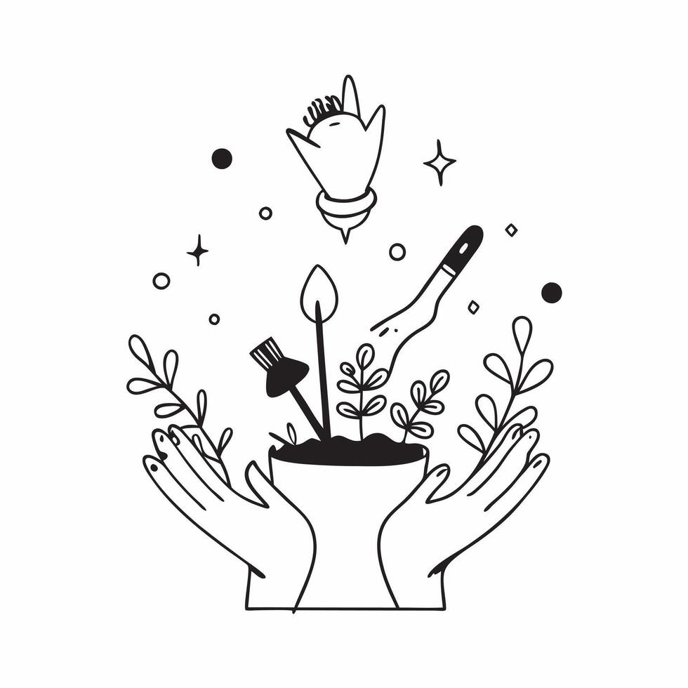 Person with Magic Garden Tools and Floating Plants concept as A person holding magic garden tools with floating plants set against a blank background offering space for text or gra Cleans vector