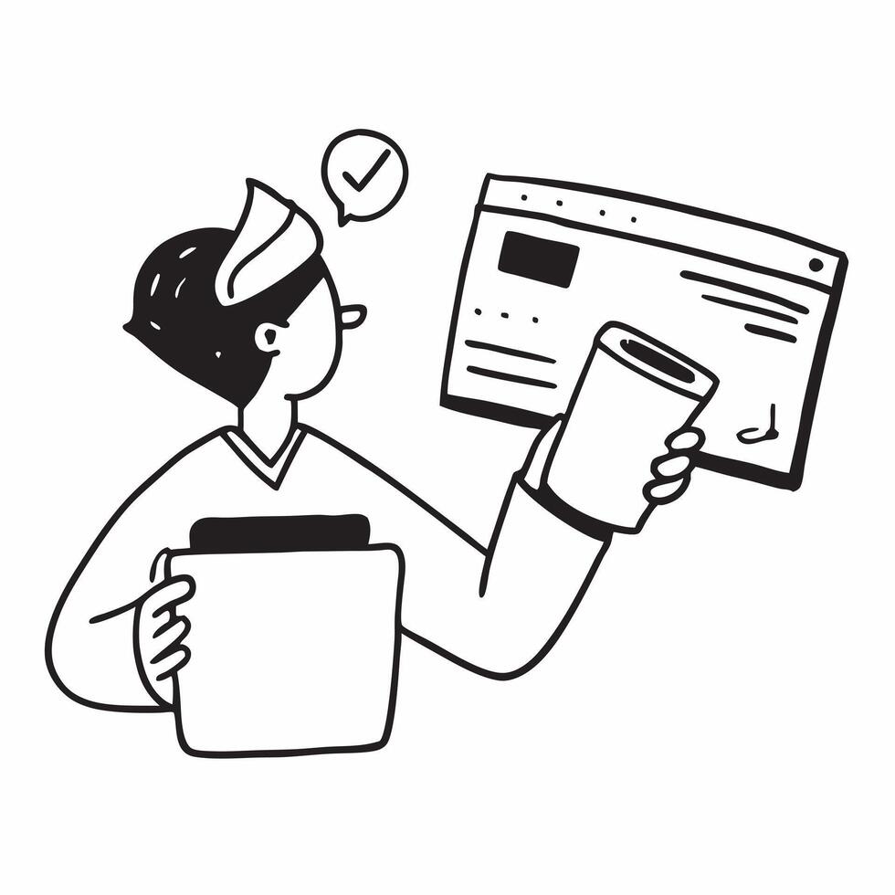 Person with Coffee Cup and Laptop for Office Service concept as A person holding a coffee cup and using a laptop set against a blank background providing space for text or graphics Cleans vector