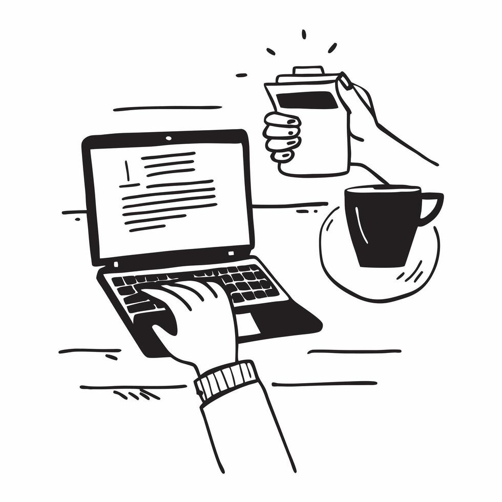Person with Coffee Cup and Laptop for Office Service concept as A person holding a coffee cup and using a laptop set against a blank background providing space for text or graphics Cleans Set 2 vector