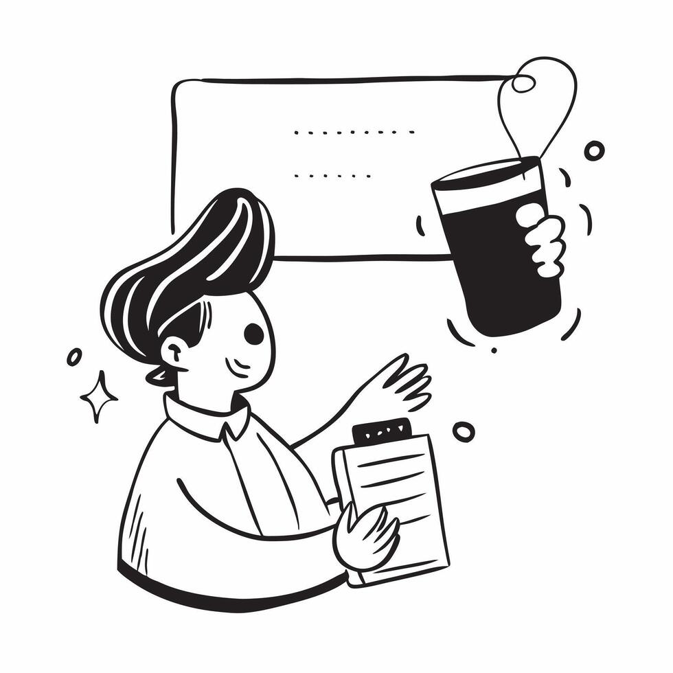 Person with Coffee Cup and Menu for Restaurant Service concept as A person holding a coffee cup and menu set against a Cleans background offering space for text or graphics symboliz Cleans Set 2 vector