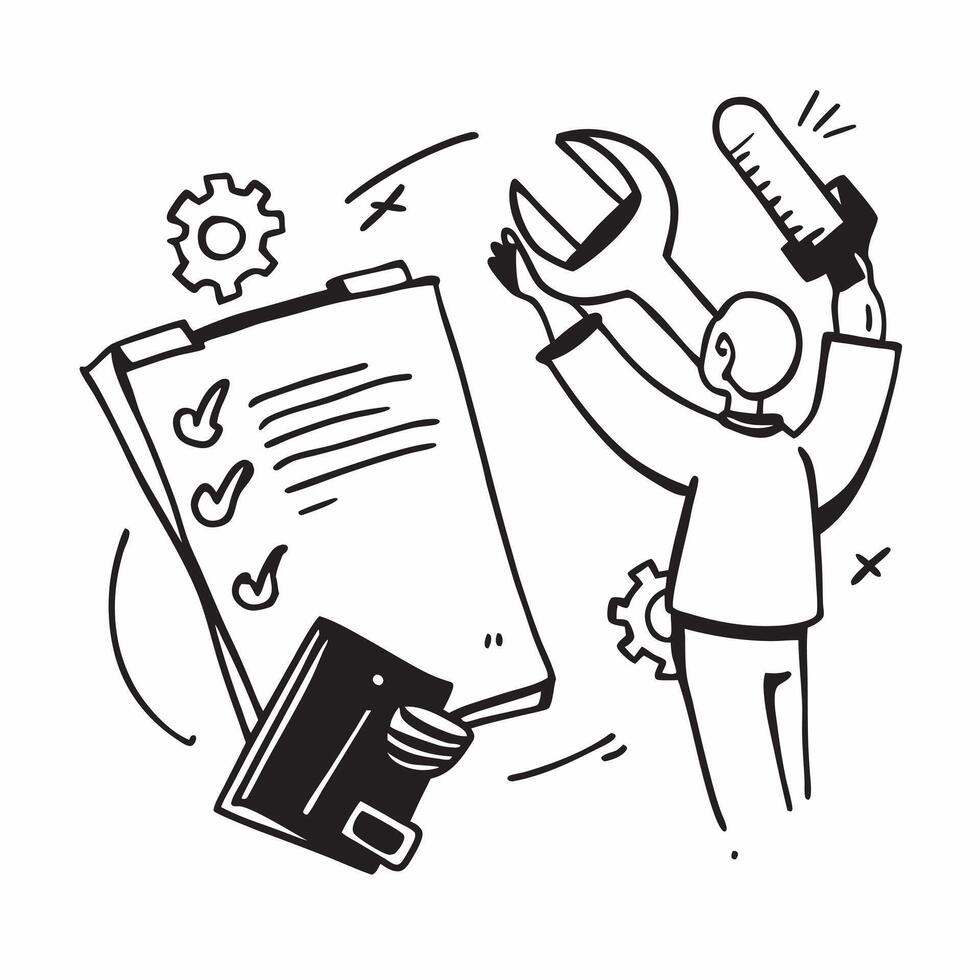 Person with Clipboard and Tools for Maintenance Service concept as A person holding a clipboard and tools set against a Cleans background offering space for text or graphics symboli Cleans Set 2 vector