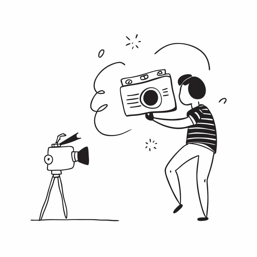 Person with Camera and Tripod for Photography Service concept as A person holding a camera and tripod set against a Cleans background offering space for text or graphics symbolizing Cleans vector