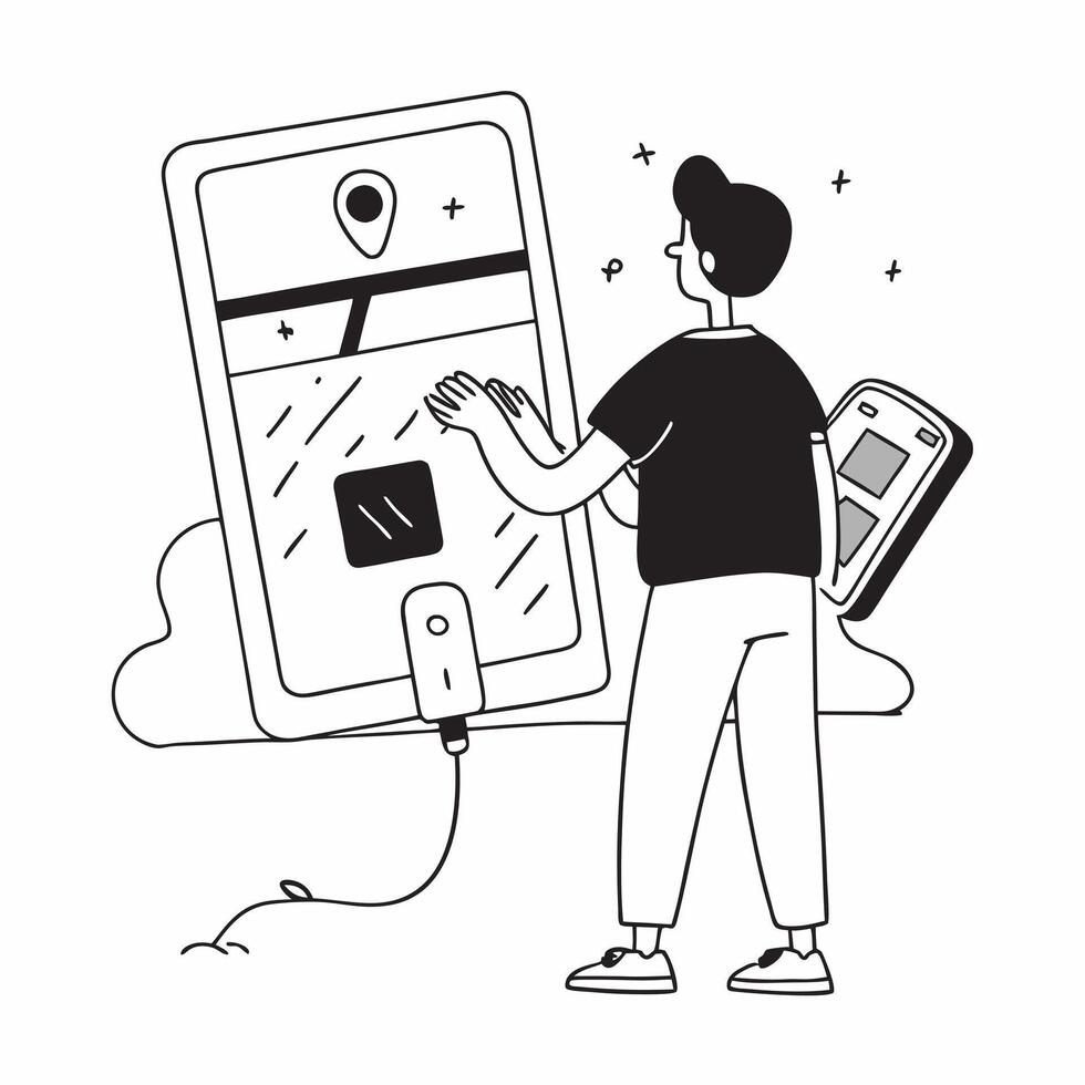 Person with an electric car road map app and charging station overlay symbolizing tech driven road travel with copy space concept as A person intertwined with an electric car road Cleans vector