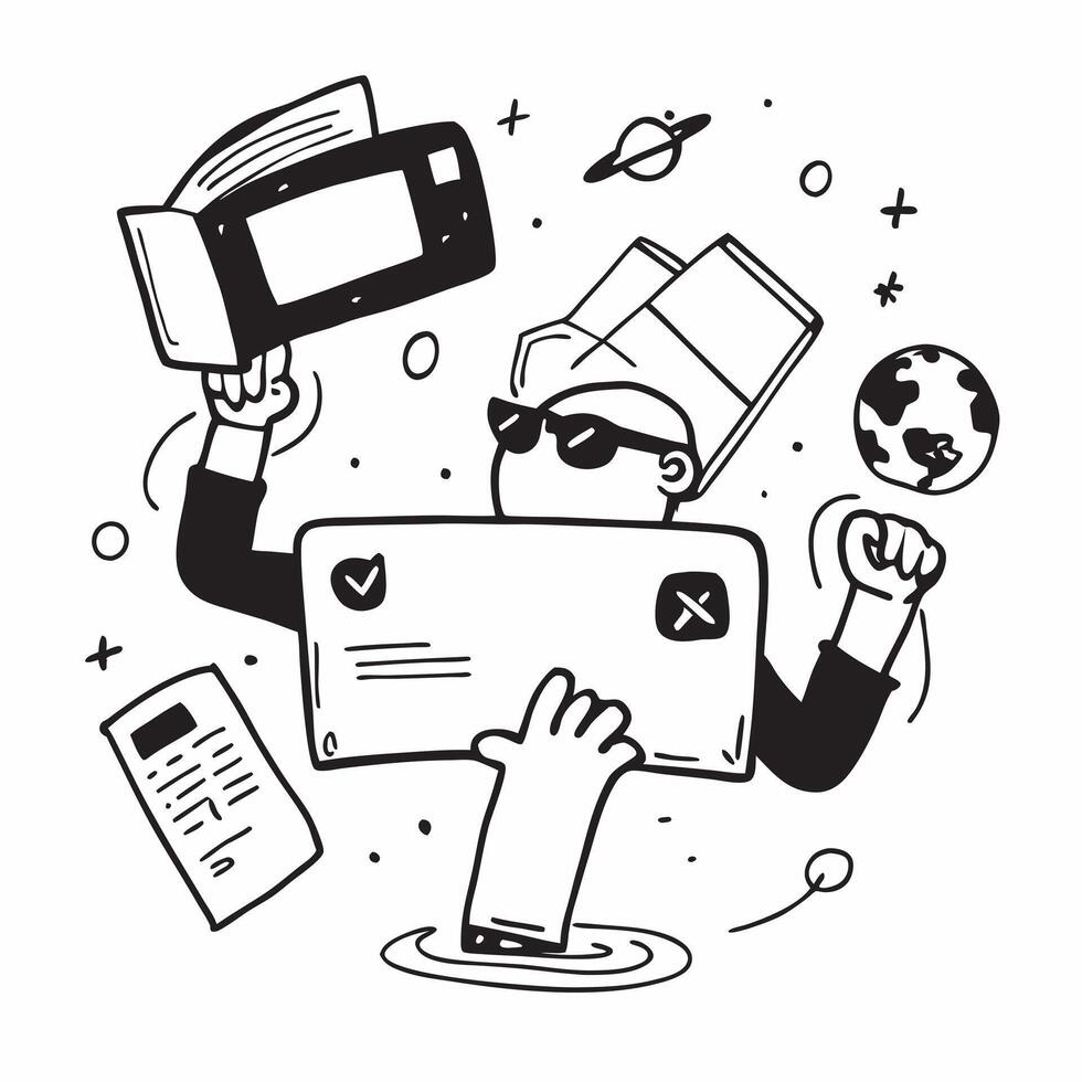 Person with a virtual reality headset travel brochure and passport overlay symbolizing virtual travel experiences with copy space concept as A person intertwined with a virtual re Cleans vector
