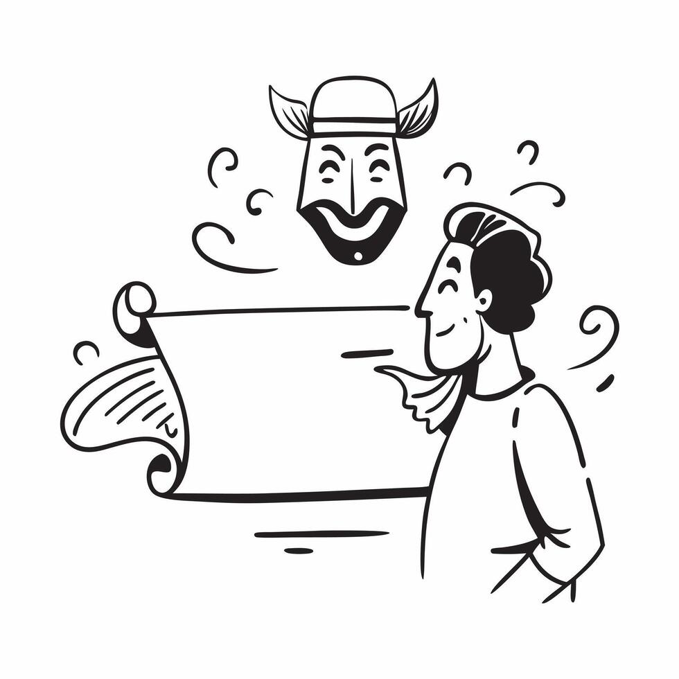 Person with a traditional theater performance script and mask overlay symbolizing performing arts cultural travel with copy space concept as A person intertwined with a traditiona Cleans vector