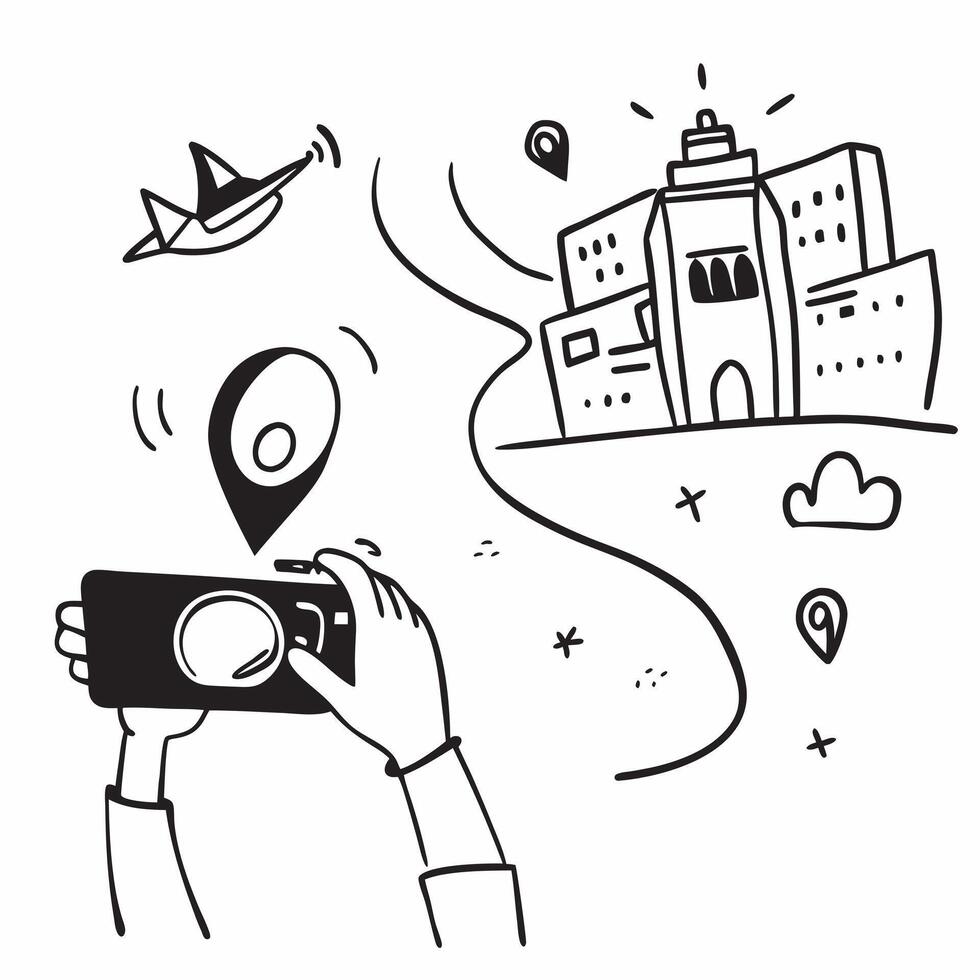 Person with a travel camera historical town and wireless mouse overlay symbolizing historical remote work with copy space concept as A person intertwined with a travel camera hist Cleans vector