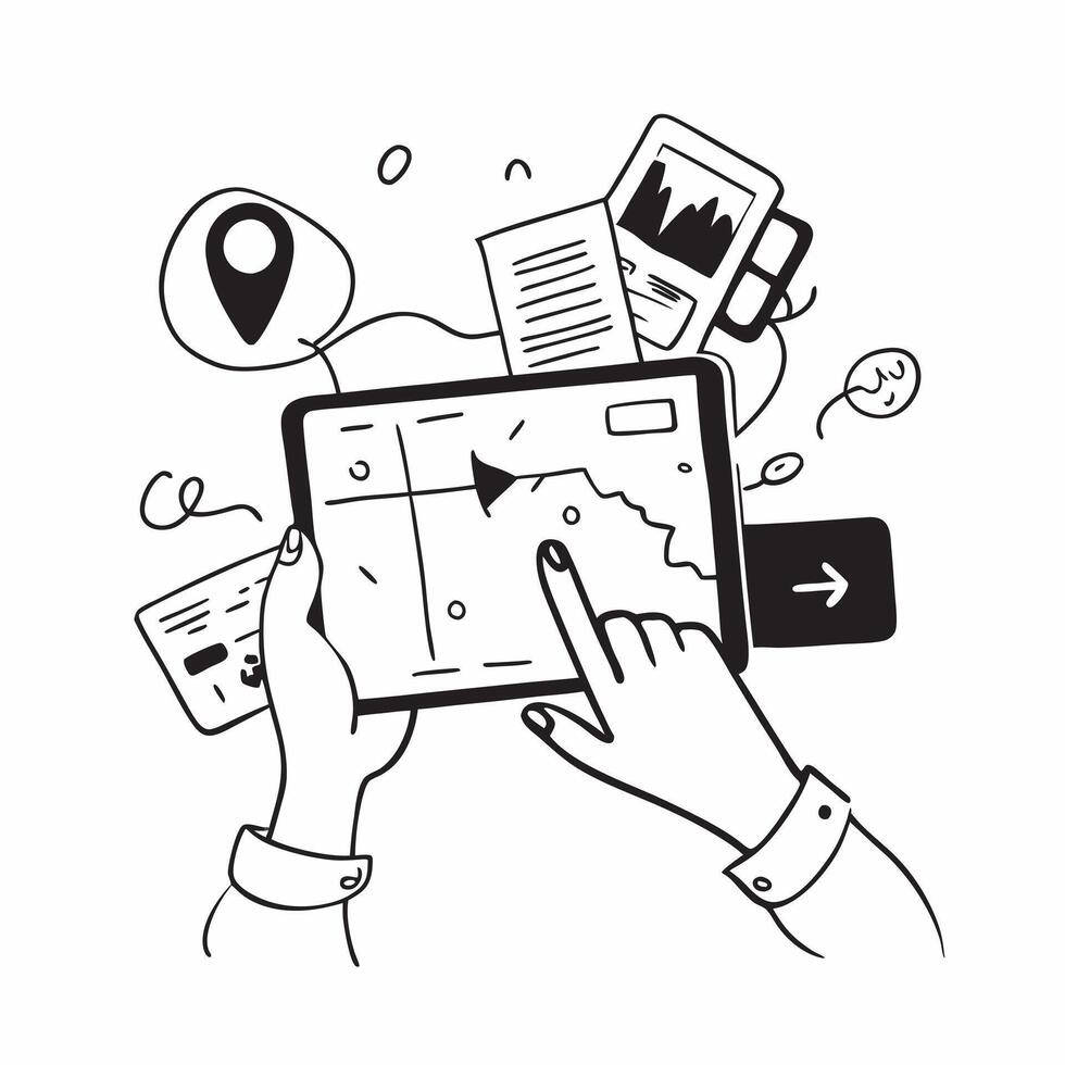 Person with a tablet travel app and itinerary overlay symbolizing digital travel planning with copy space concept as A person intertwined with a tablet travel app and itinerary re Cleans vector