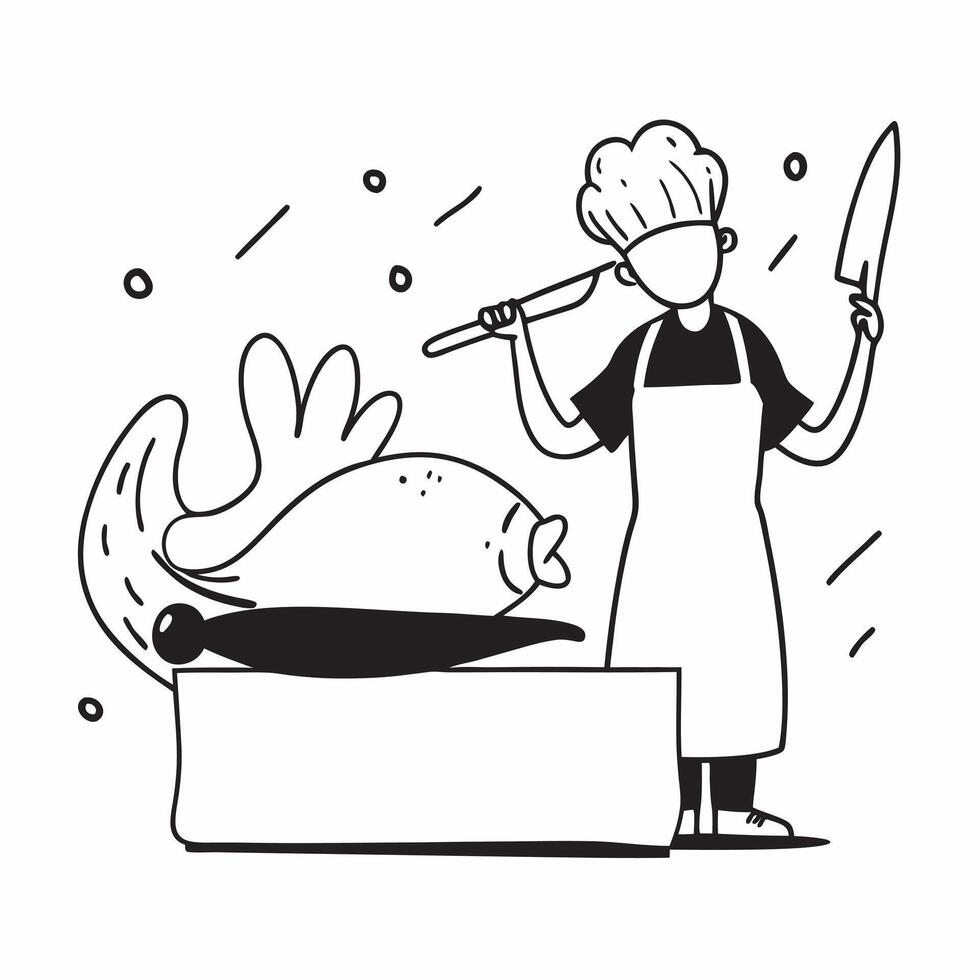 Person with a roasted turkey and carving knife overlay symbolizing Thanksgiving feast preparation with copy space concept as A person intertwined with a roasted turkey and carving Cleans vector