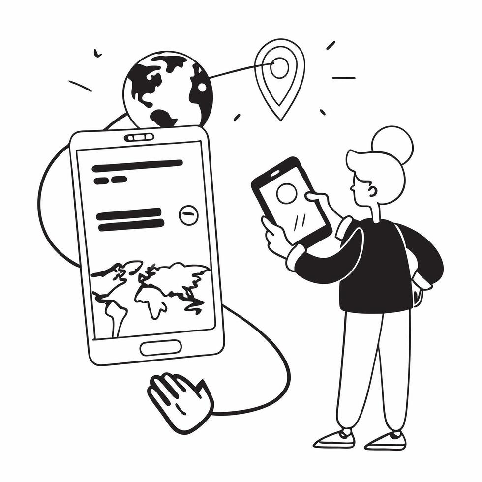 Person with a smartphone world map and boarding pass overlay symbolizing mobile travel planning with copy space concept as A person intertwined with a smartphone world map and boa Cleans vector