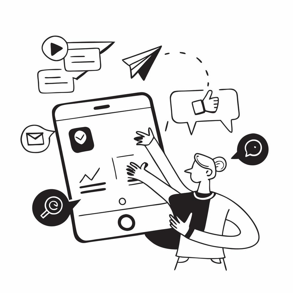 Person with a smartphone and mobile marketing icons overlay symbolizing mobile marketing with copy space concept as A person intertwined with a smartphone and mobile marketing ico Cleans vector