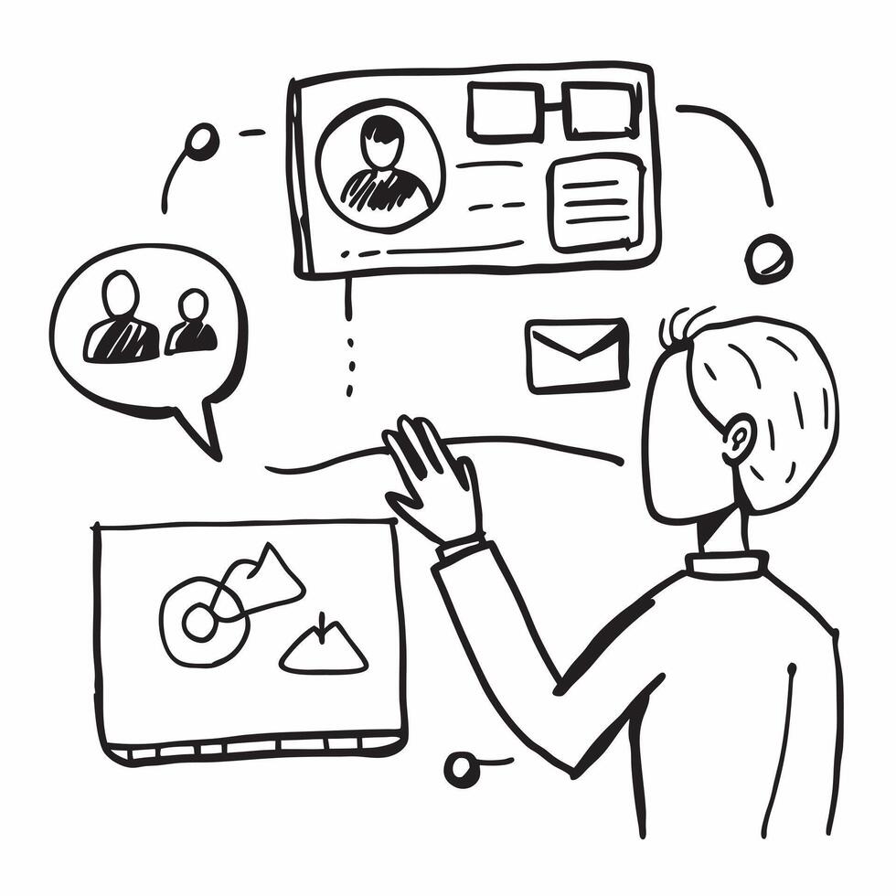 Person with a smartphone and customer relationship management CRM icons overlay symbolizing CRM marketing with copy space concept as A person intertwined with a smartphone and CRM Cleans vector