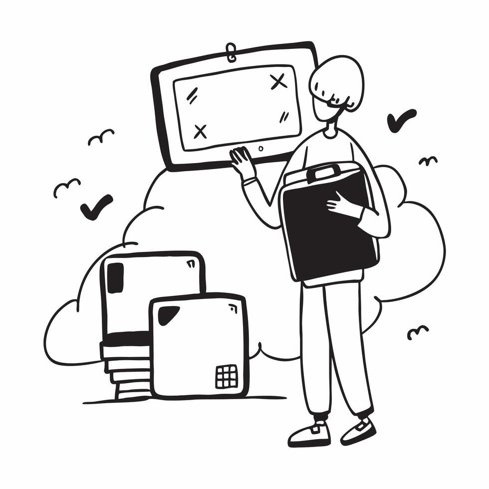Person with a smart luggage airport view and travel organizer overlay symbolizing efficient tech savvy travel with copy space concept as A person intertwined with a smart luggage Cleans vector