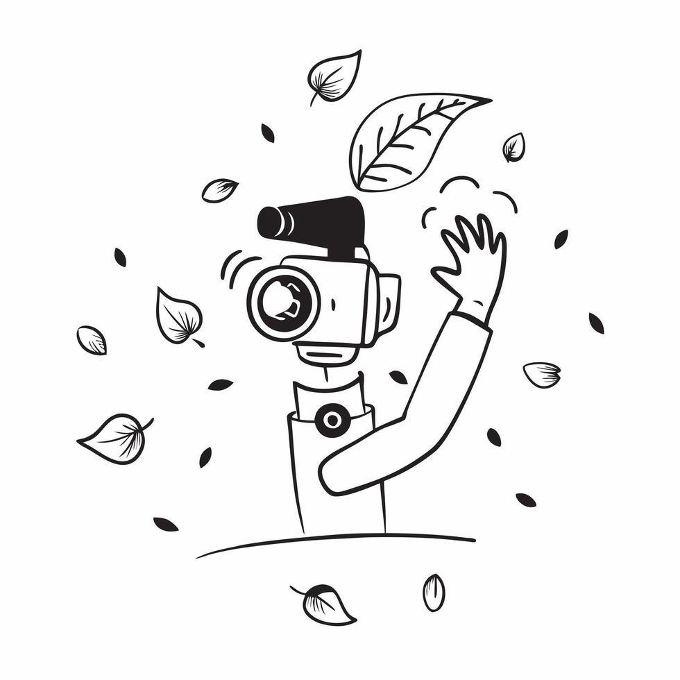 Person with a mirrorless camera falling leaves and gimbal overlay symbolizing autumn timelapse with copy space concept as A person intertwined with a mirrorless camera falling lea Cleans vector