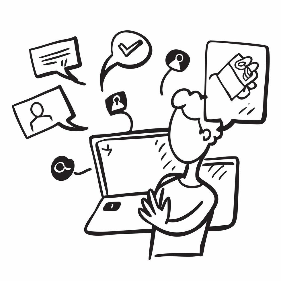 Person with a laptop and social media icons overlay symbolizing social media marketing with copy space concept as A person intertwined with a laptop and social media icons represe Cleans vector
