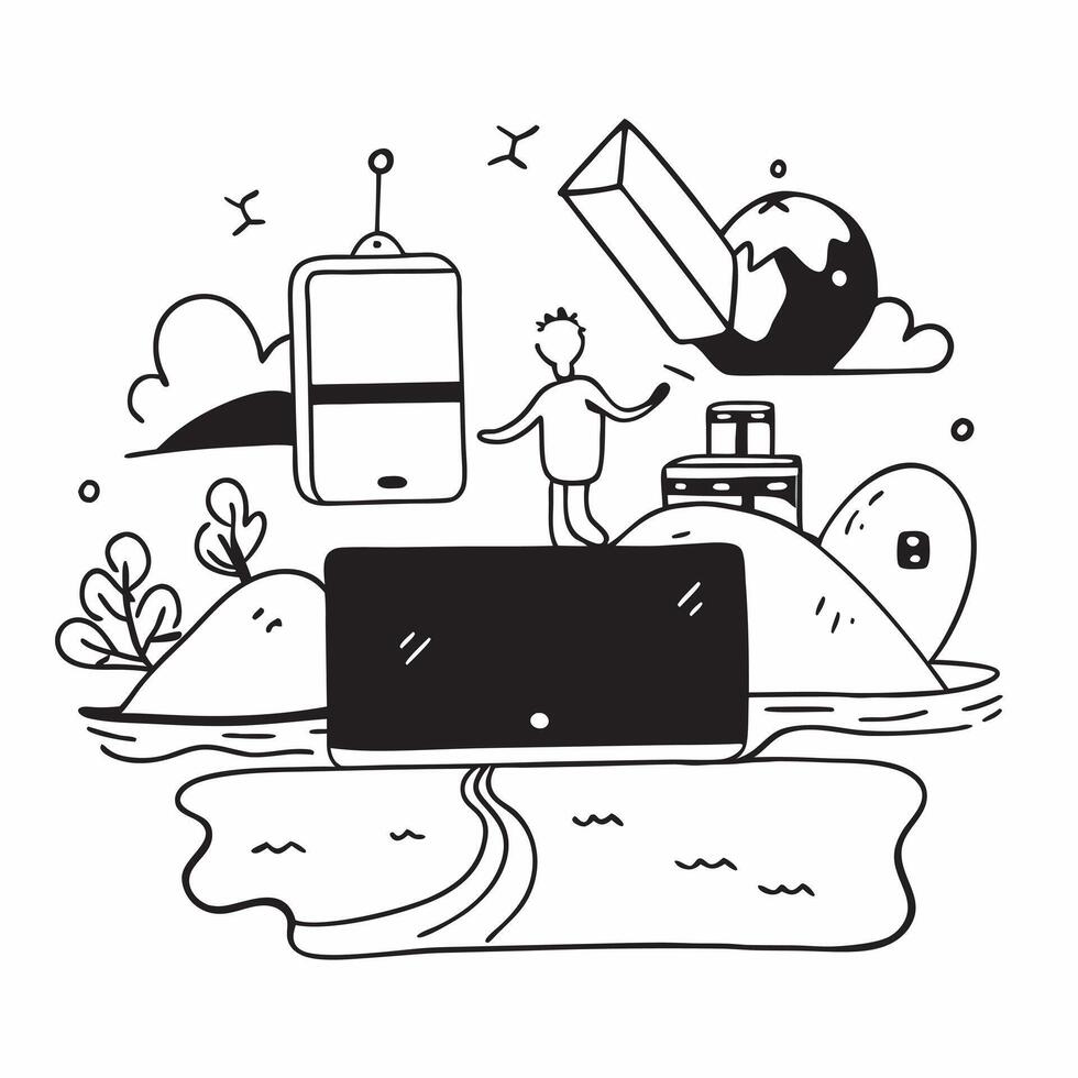 Person with a laptop riverboat and mobile router overlay symbolizing riverboat remote work with copy space concept as A person intertwined with a laptop riverboat and mobile route Cleans vector
