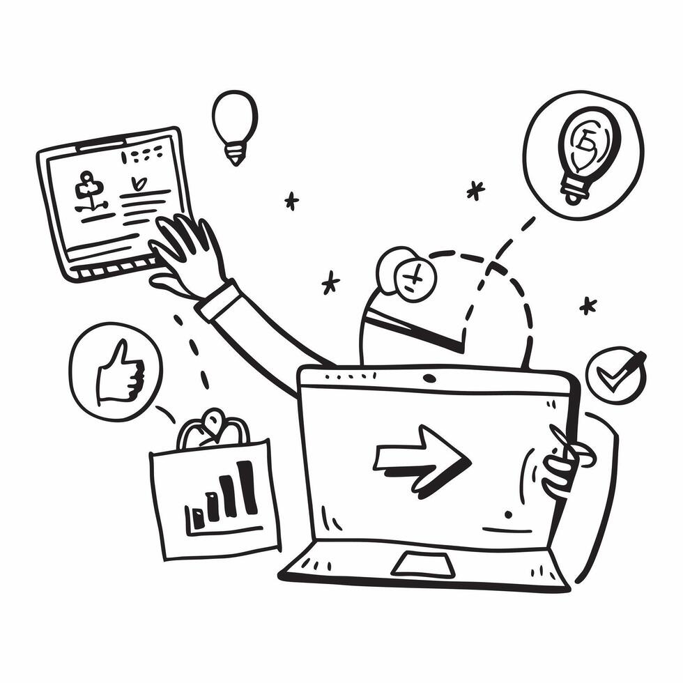 Person with a laptop and e commerce marketing icons overlay symbolizing e commerce marketing with copy space concept as A person intertwined with a laptop and e commerce marketing Cleans vector