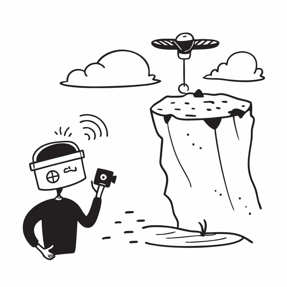 Person with a camera drone coastal cliffs and remote control overlay symbolizing drone timelapse with copy space concept as A person intertwined with a camera drone coastal cliffs Cleans vector