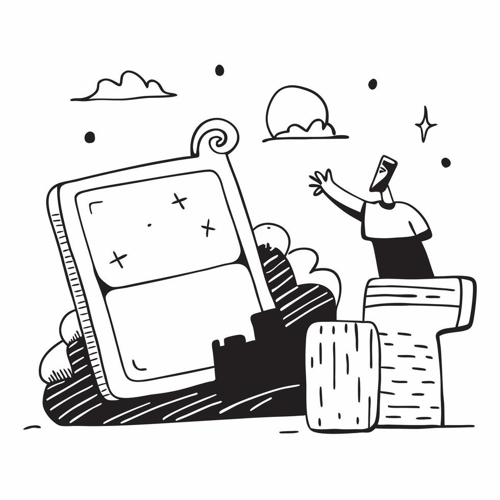 Person with a digital notebook ancient ruins and portable translator overlay symbolizing historical tech savvy travel with copy space concept as A person intertwined with a digita Cleans vector
