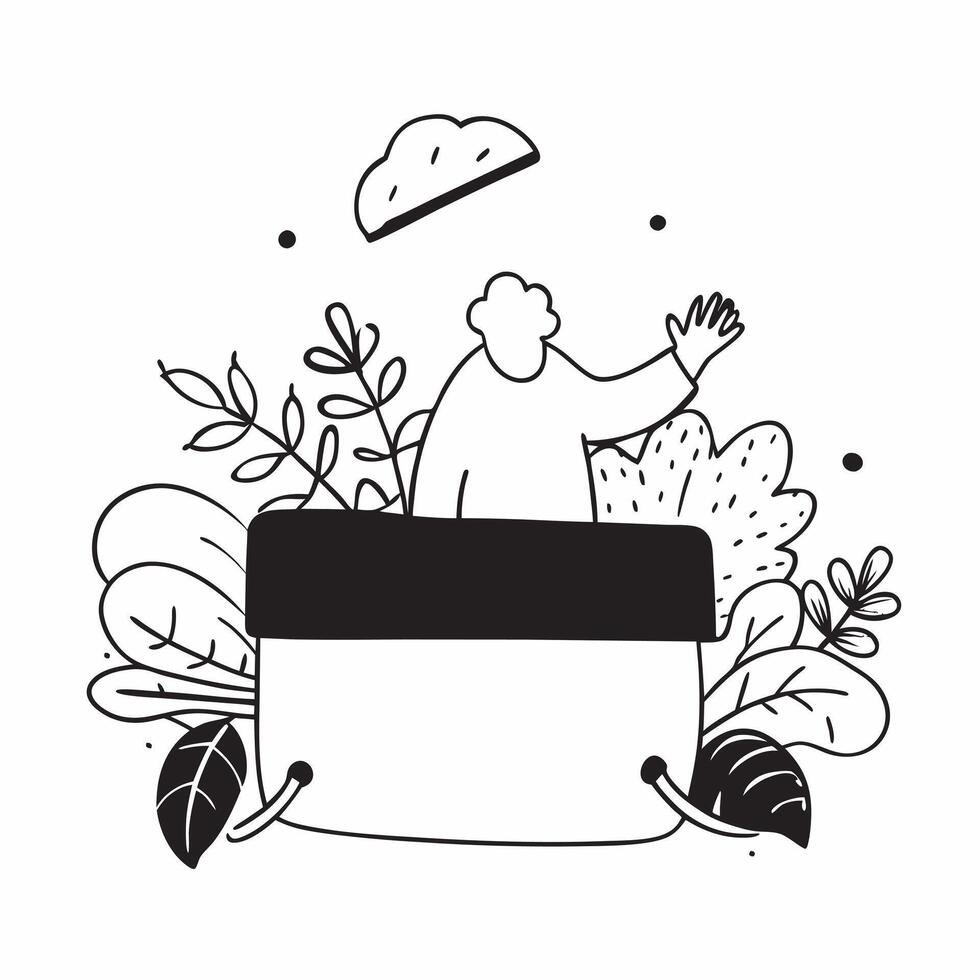 Person with a basket and fall produce overlay symbolizing harvest bounty with copy space concept as A person intertwined with a basket and fall produce representing the harvest bo Cleans vector