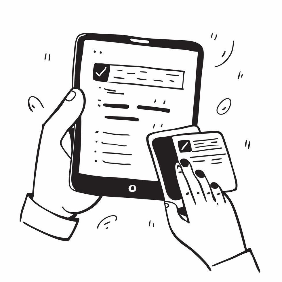 Person Using Loan Management App on Tablet concept as A person using a loan management app on their tablet with a plain background offering ample space for text or graphics in Pho Cleans vector