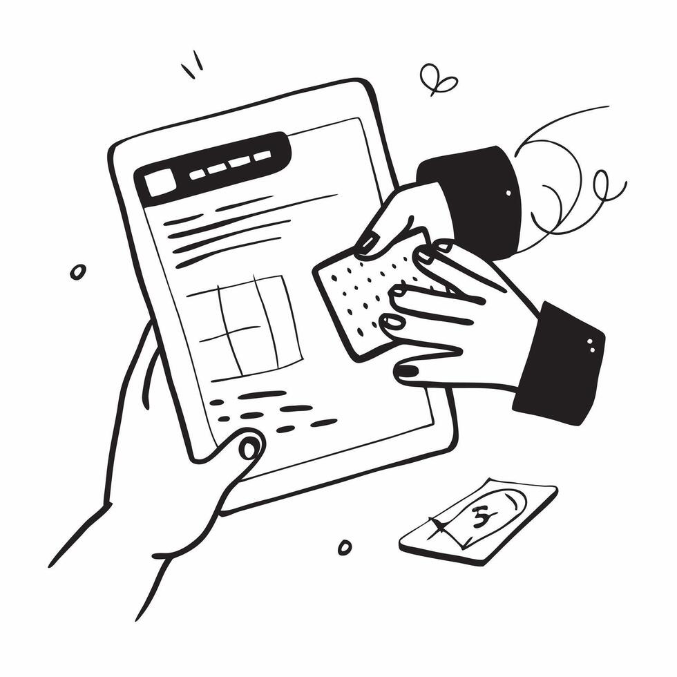 Person Using Budgeting App on Tablet concept as A person using a budgeting app on their tablet with a plain background offering ample space for text or graphics in Photo Stock Con Cleans vector