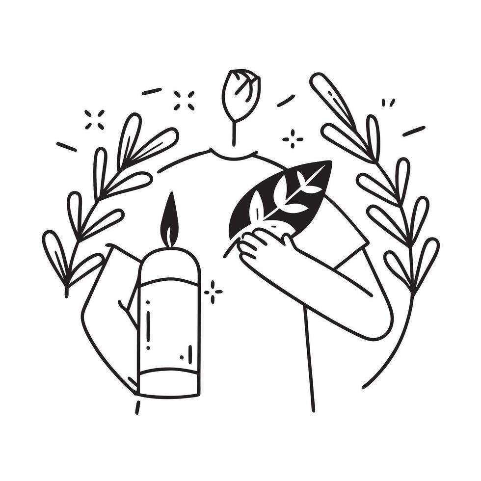 Person holding autumn leaves and a candle with copy space concept as A person holding autumn leaves and a candle symbolizing the warmth and spirit of Thanksgiving with ample space Cleans vector