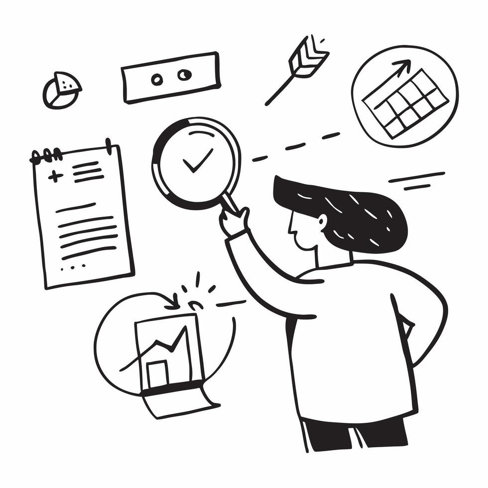 Person holding a magnifying glass with documents and graphs with copy space concept as A person holding a magnifying glass with documents and graphs symbolizing analysis and excit Cleans vector