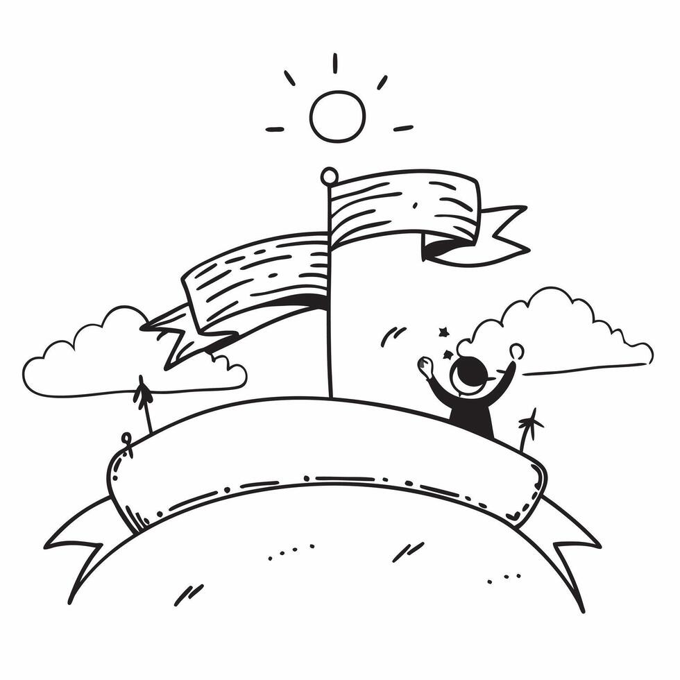 Person holding a flag on a hilltop with clear sky with copy space concept as A person holding a flag on a hilltop with a clear sky symbolizing triumph freedom and achievement with Cleans vector