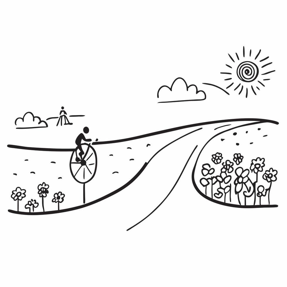 Person cycling along a country road with sunflowers on both sides with copy space concept as A person cycling along a country road lined with sunflowers symbolizing freedom joy an Cleans vector