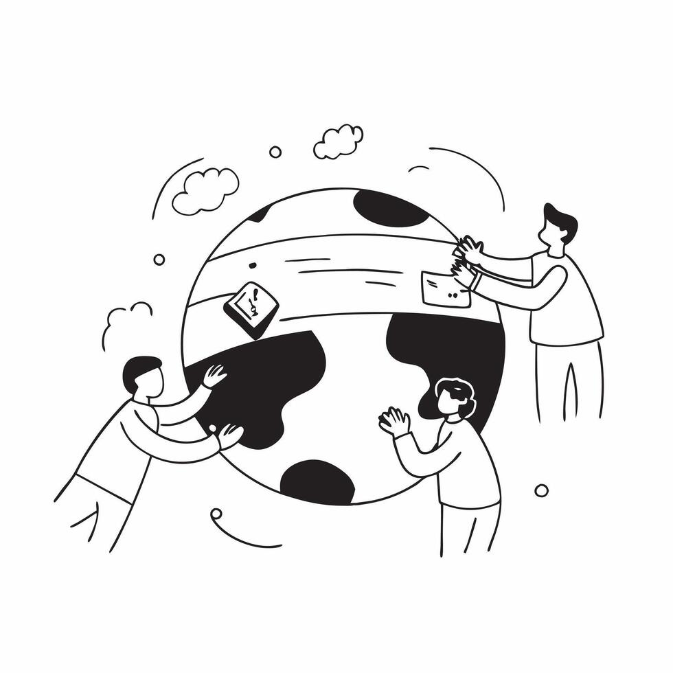 People with Watercolor Earth and Technology Integration concept as A group of people integrating technology with a watercolor earth model set against a whimsical background offerin Cleans Set 4 vector